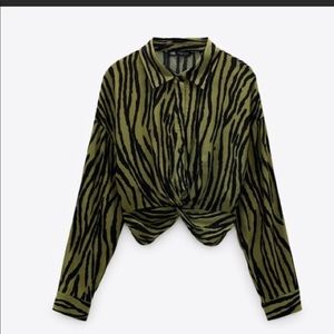 Zara Crop Button Up Zebra Animal Green Print